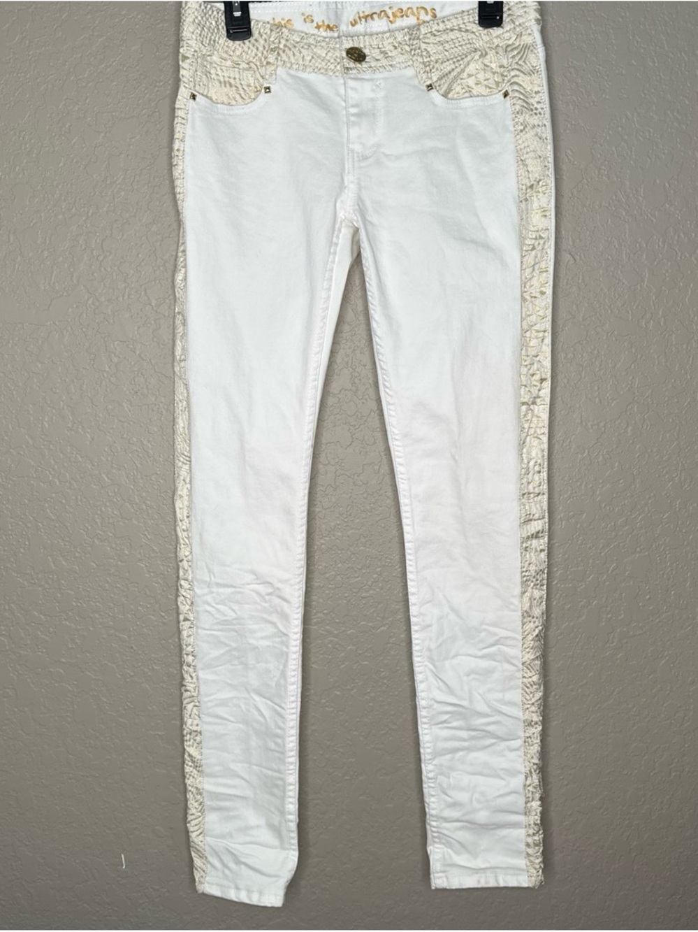 Women's White Skinny Jeans with Cream Lace Side Panels